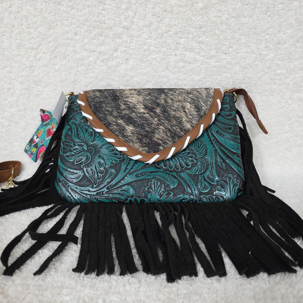 Mexican Green Floral Embossed Tooled Leather & Cowhide Fringe Crossbody Bag